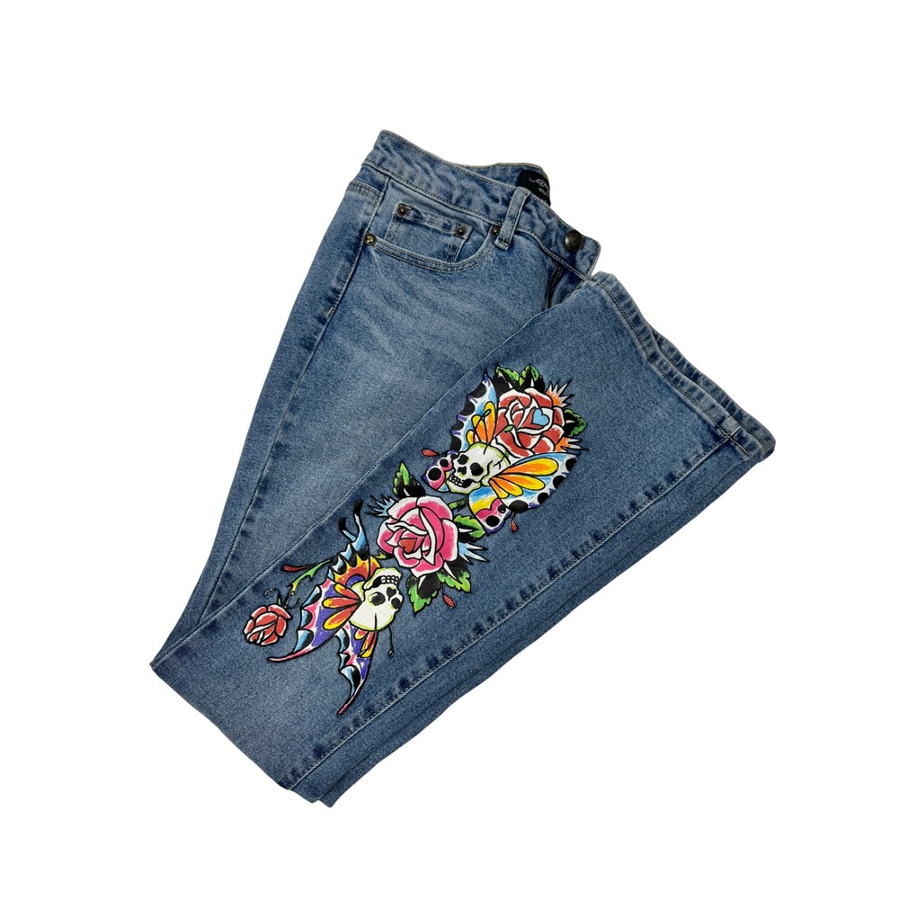 Ed Hardy Y2K Low Rise Flare Jeans Womens 26 Skull Rose Tattoo Graphic Logo Denim - Picture 4 of 8